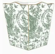 Marye-Kelley, 12" French Toile Sage Green, Wooden Wastepaper Basket, Gold Trim