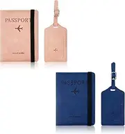 [Tefrine] 2 Pcs Passport Covers and 2 Pcs Luggage Tags, Passport Holder Travel Suitcase Tag (Pink, Blue)