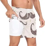 [GuoChe] Mens Beach Shorts Mens Double Layer Running Shorts Art Deco Mustache Retro Happy Fathers Day with Phone Pocket Board