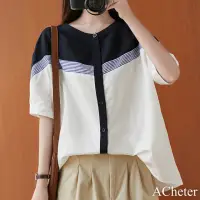 在飛比找momo購物網優惠-【ACheter】韓版大碼休閒上衣文藝撞色拼接棉麻圓領短袖襯