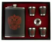 Stainless Steel/Faux Leather 9 Oz/266 ml Hip Flask with 4 Shot Glasses & Funnel