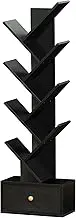 SHEEPAM 8 Tier Tree Bookshelf with Drawer, Free Standing Wood Bookcase for Living Room, Bedroom, Home Office, Space Saving Storage Organizer Bookshelves for Books, CDs, Vinyl Records- Black