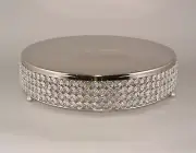Cake Stand Plate Metal 4 Rows of Clear Crystal Beads Silver 16"Dia x 4"High