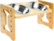 Dog Bowl - Adjustable Raised Feeding Station - Anti-Slip Base Wooden Stand Double Tilted Feeder for Slow Eating Drinking Water Food Pet Indoor