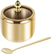 304 Stainless Steel Sugar Container with Clear Glass Lid and Spoon Gold Sugar Bowl 10oz Sugar Jar Dishwasher Safe Seasoning Box Multifunctional Condiment Pot for Salt Candy Coffee Bean