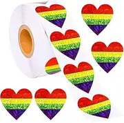 500 Pcs Glitter Rainbow Stickers LGBT Pride Day Label Stickers 1.5 Inch Heart Shape Rainbow Decals Colorful Self Adhesive Stickers in Roll for Gay Lesbian Pride Month Parade Decoration
