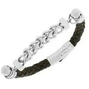 Stainless Steel Brown Leather Silver Tone Link Chain Mens Bracelet with Clasp