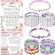 Kenning 24 Pcs Happy Mother's Day Bracelet with Cards Colorful Cross Bead Bracelet Stackable Elastic Cute Wristbands Jesus Loves You Religious Christian Gift Sets for Mom Mother's Day