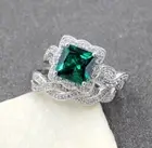 Princess Lab Created Emerald & White Sapphire 925 Sterling Wedding Ring Set