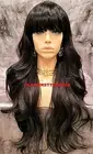 FULL WIG LONG WAVY LAYERED WITH BANGS OFF BLACK #1B HEAT OK NWT