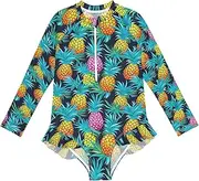 [Joitme] Pineapples Teal Bathing Suits for Girls, Zipper Front Swimming Suits for Girls, UV Protection, Toddler Bathing Suit 3t