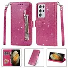 For Samsung S21 S20 S21+ Ultra S21FE Glitter Zipper Wallet Card Case Stand Cover