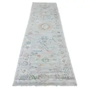 3'1"x10' Gray Hand Knotted Angora Oushak Leaf Design Pure Wool Runner Rug R89940
