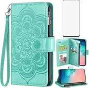 Asuwish Compatible with Samsung Galaxy S10e Wallet Case and Tempered Glass Screen Protector Flower Leather Flip Card Holder Cell Phone Cover for Glaxay S 10e Gaxaly 10se Galaxies Se10 Women Men Green