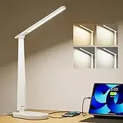 Honeywell Desk Lamp for Home Office, Dimmable LED Desk Lamp with USB A+C Dual Charging, 4 Modes Brightness Touch Lamp with Timer, Eye Caring Foldable Reading Light, Table Lamp for Study