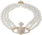 [Niqnay] Saturn Pearl Necklace White Pearl Choker Necklace for Women Crystal Rhinestone Planet Necklace Gifts for Mum Wife Girlfriend Wedding Birthday Anniversary