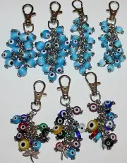 Set of 7 4" Long Glass Evil Eye Judaica Multi-Color Bead Charm Key-Chains