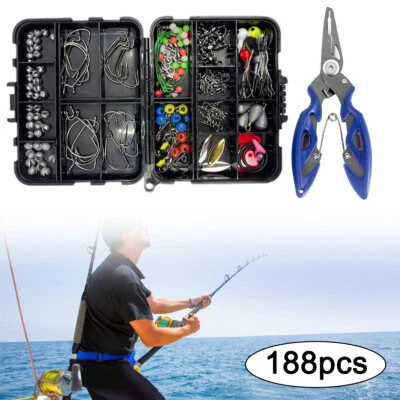 188 X Sea Fishing Accessories Kit Set Jig-Hooks Swivels Clamp W/ Tackle Box
