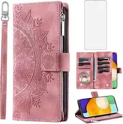[Asuwish] Phone Case for Samsung Galaxy A52/A52S 5G Wallet Cover With Tempered Glass Screen Protector and Wrist Strap Mandala Flower Flip Zipper Card Holder Cell A 52 S 4G G5 52A S52 52S Women Rose Gold