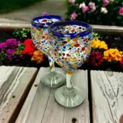 Hand Blown Confetti Wine Glass | Blue Rim Pebbled Glass