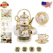 Classic European 20-Piece Tea Party Set with Teapot, Cups, and Metal Holder