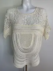 Chico's Women Size 3 Ivory Boho Crochet Lace Sweater Top Curved Hem Cotton Rayon