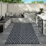 Outdoor Camping Rug Waterproof 5x8FT, Reversible Stain & UV Resistant Plastic Straw RV Rug for Outside Patio Porch Pool Deck Beach Indoor, Area Carpet Mat with Portable Bag&4 Stakes-Black Grey Rhombus
