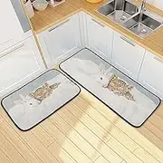 Kitchen Mats for Floor, 2 Piece, Rabbit Leopard White Funny Cute Washable Non-Slip Kitchen Rugs Set for Home & Office, Sink, Laundry, 19.7” x 27.6” + 19.7” + 47.2”