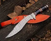 AU HUNTING EXPERT Handmade Damascus Knife Heavy Duty KUKRI Knife Sharp Blade With Leather Sheath 15"" Full Tang Handmade Bushcraft Machete Knife Rosewood WITH Black Acrylic Handle