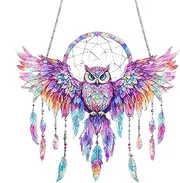 Colorful Owls Sun Catcher, 2D Window Stained Acrylic Owl, Car Interior Owl Ornament, Colorful Owl Sun Catcher, Spreading Wings Owl Decor, Owl Sun Catcher Decor, Owl Stained Glass Ornament, Window Owl