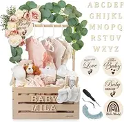 Wooden Baby Shower Crate Closet - Customizable Wooden Crate Box with Dual Rod System, Personalized Baby Shower Basket Alphabet Letters, Easy Assembly Baby Baskets for Baby Shower (Natural Wood)