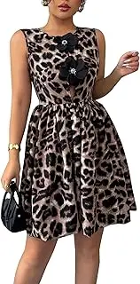 [lijuyip] Women's Leopard Crew Neck Sleeveless Tank Dress Summer Floral Short Casual Y2k Cut Out Party Bubble Dress