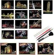 12 Pieces Scratch Art Paper Rainbow Painting Sketch City Series Night Art Craft Scratch Board for Adults Kids with 5 Tools