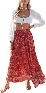 [ZESICA] Women's 2024 Summer Bohemian Floral Printed Elastic Waist A Line Maxi Skirt with Pockets