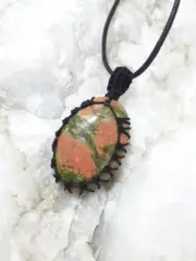 Unakite Nepal Gemstone Crystal Macrame Thread Wrap Pendant Adjustable Necklace