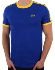 Sergio Tacchini Men's Ace Retro Ringer T Shirt Royal Blue/Yellow - Cotton Jersey