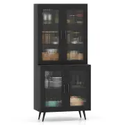 Costway179 cm Kitchen Pantry Cabinet with 4 Transparent Doors and Adjustable Shelf-Black