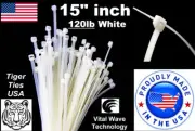 500 White 15" inch Wire Cable Zip Ties Nylon Tie Wraps 120lb USA Made Tiger Ties