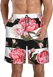 [OdDdot] Cute Maltese Puppy Print Men's Quick-Dry Swim Trunks,Breathable Swimming Board Shorts, for Summer Surfing Beach Swimwear, Black White Striped Flowers, Large
