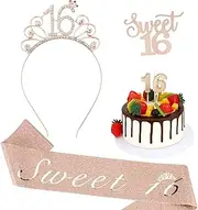 Hapdoo 16th Birthday Decorations Girls, Including 16th Birthday Rhinestone Headband Crown, Sweet 16 Sash with Pearl Pin, Happy Birthday Cake Topper and Number Candles, 16th Birthday Gifts for Girls, Rose Gold