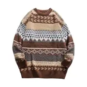 Nevenka Vintage Striped Sweater Grandpa Crewneck Knitted Pullover for Men-Coffee