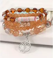 Tree of Life Charm and Multi Bead Mix Stretch Bracelet Set of 4 Brown