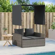vidaXL Double Sun Lounger with Roof and Curtains Grey Poly Rattan