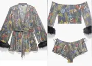 Savage X Fenty Trophy Wife Feather Trim Sleepwear Set Sz S/XS Robe, Top, Shorts