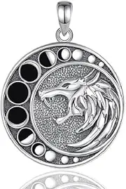 [AB Viking Crafts] 925 Silver Pendant Medal Wolf Moon Phases with Wax Collar 925 Silver Clasp in Jewellery Box | Protection Power Loyalty, ca. 35 x 28 mm / 7 g, Sterling Silver