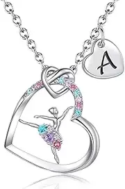 [BAOWING] Ballerina Necklaces Gifts for Girls,Colorful CZ Heart Pendant Ballet Dancer Necklaces for Teens Girls Letter Initial Rainbow Dance Necklace Jewelry Gifts for Girls Women