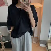 Short-Sleeve Plain Henley Tee Black - One Size