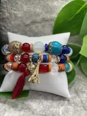 3 PC Handmade Bohemian Beaded Stackable 7” Plus Stretch Bracelet Set New B1692
