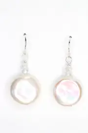 Pearl White 15mm Coin Shape & Quartz Natural .925 Sterling Silver Earrings 1.25"