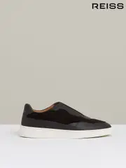 Reiss Espresso Brown Cruz Grained Leather Elasticated Lace Trainers (AY8846) | $295